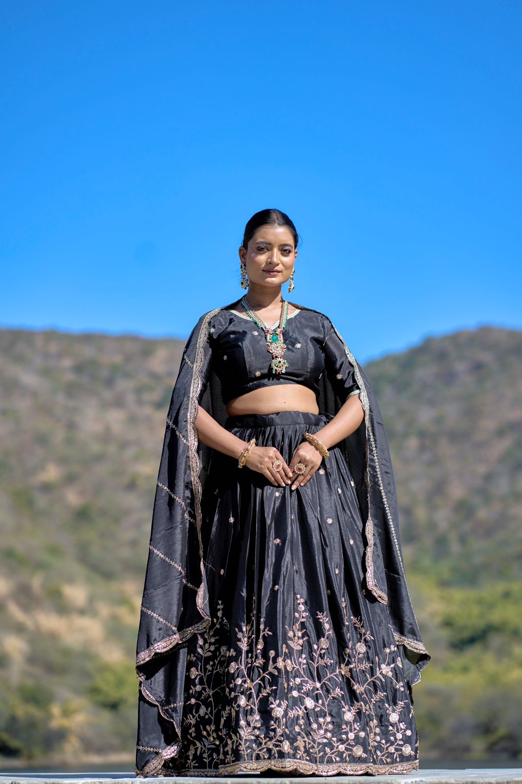 ES Heavy Chinon Silk Lehenga, Blouse & Dupatta with exquisite embroidery and zari work,