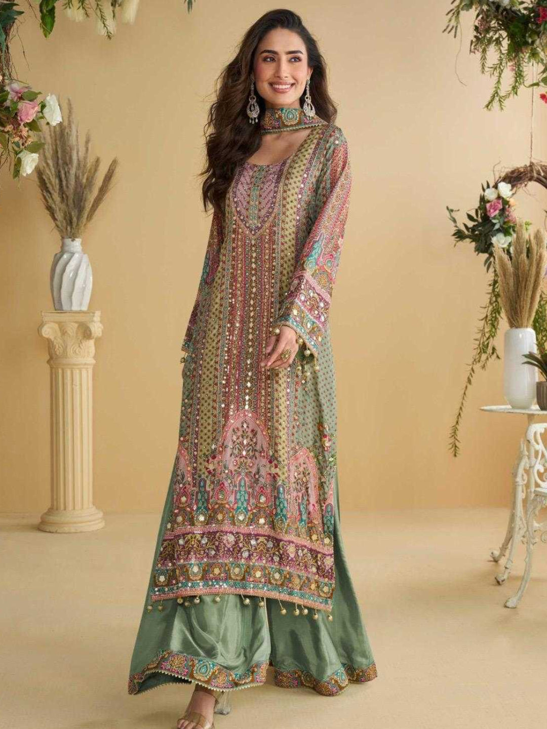 YNF Crepe Silk Suit Set | Printed Top Palazzo | Hand Aari Gota Patti Work