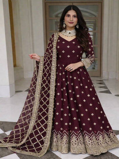 RE Heavy Fox Georgette Sequence Embroidery Gown Set with Butter Silk Pants & Zalar Dupatta