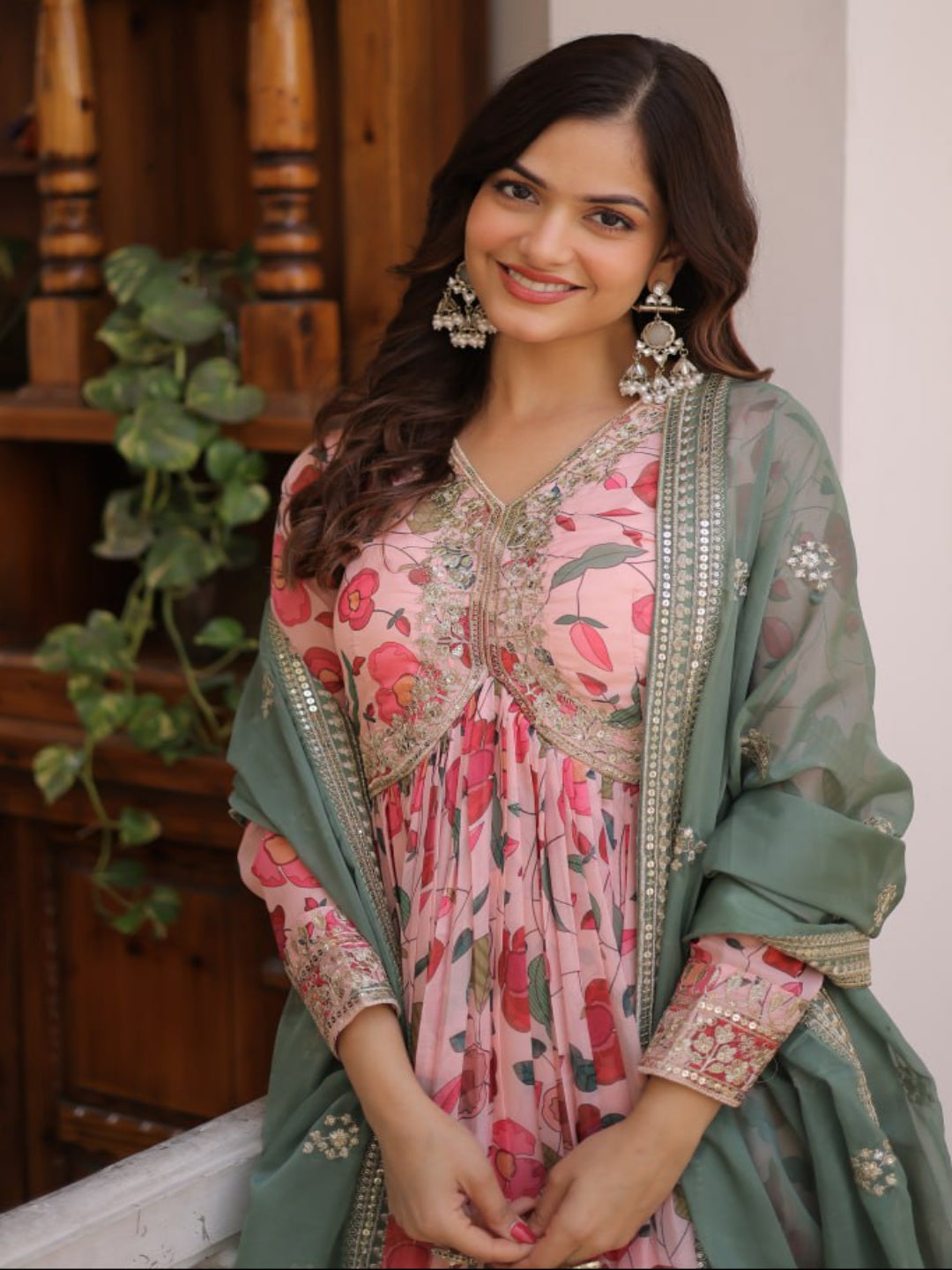 RE Designer Alia Cut Russian Silk Gown with Digital Print & Sequins Work