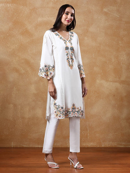 Varanga Women's Black Pure Cotton Embroidered Straight Kurta with Trousers