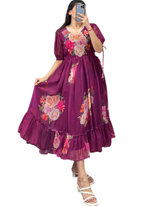 ES Women Georgette Floral Printed Stitched Log Frock