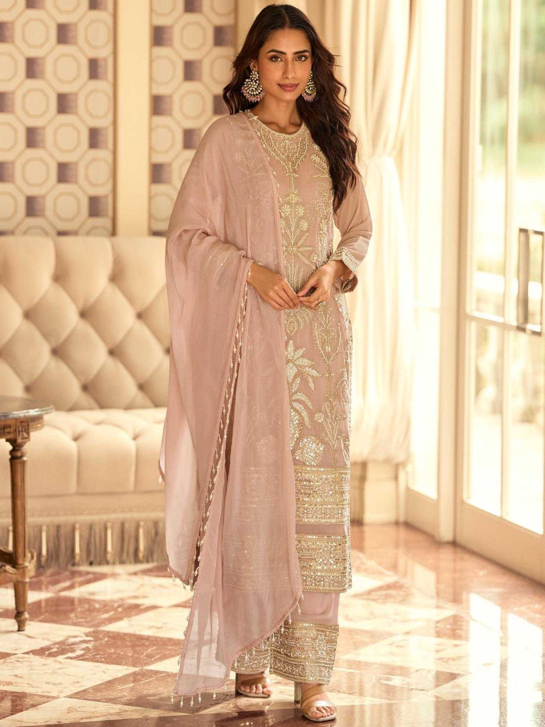 RE Premium Real Georgette Embroidered Suit Set with Sequin & Bead Work - Fully Stitched