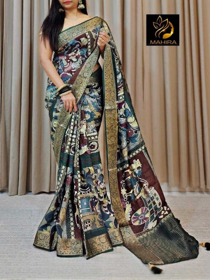 YNF Designer Lightweight Pure Dola Silk Saree with All-Over Pichwai Kalamkari & Luxurious Bandhani Pallu