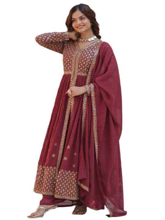 ES Faux Georgette with Embroidered Work Readymade Kurti with Pant & Dupatta Set