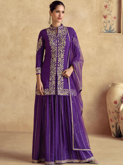 ES Top and Plazzo in Premium Chinon Silk (Free Size Stitch) & Dupatta in Premium Net