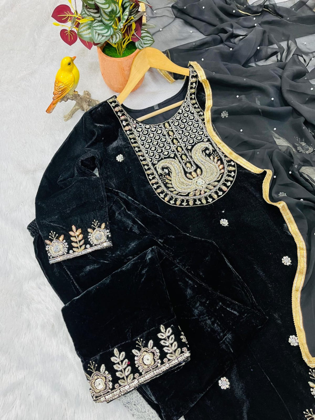 RE Designer 9000 Velvet Embroidered Suit Set with Sequin Work & Pearl Lace Dupatta (M-XXL)