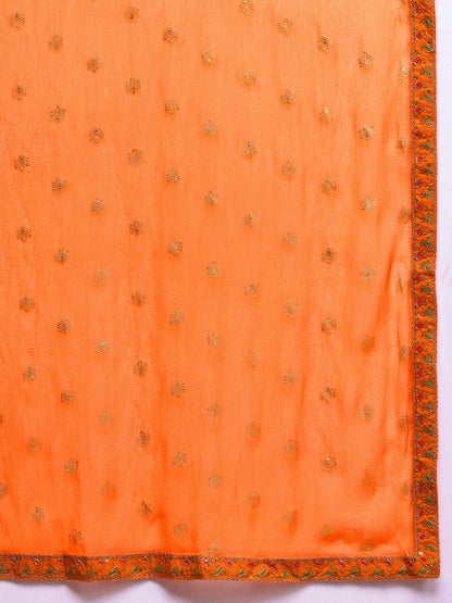 KF Mirror and Thread Embroidered, Zari Embellished Anarkali Kurta With Printed Bottom and Embroidered Dupatta