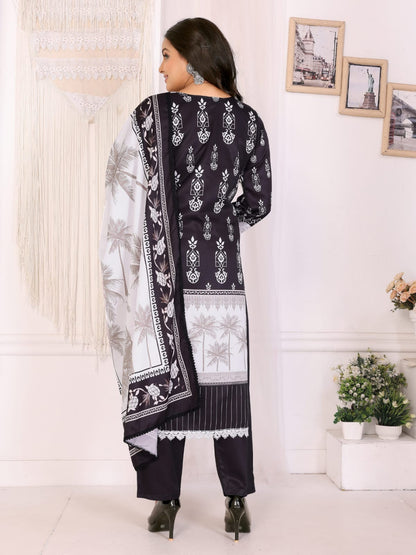 ICF Women's Silk Blend Black & White Printed & Embroidered Kurti with Pant & Dupatta Set