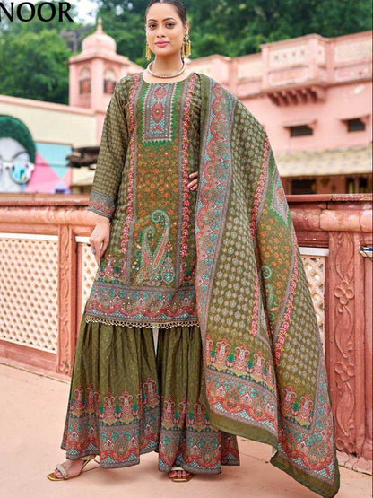 YNF Pure Crape Silk Fully Stitched Sharara Suit with Digital Print & Real Mirror Work