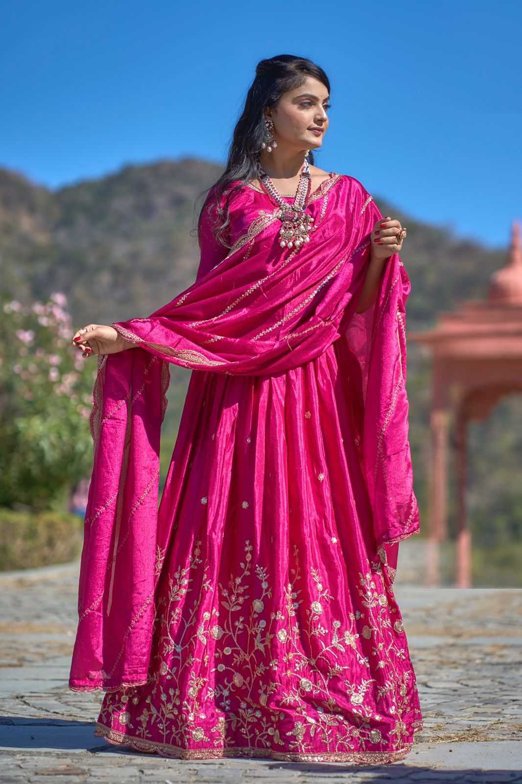 ES Heavy Chinon Silk Lehenga, Blouse & Dupatta with exquisite embroidery and zari work,