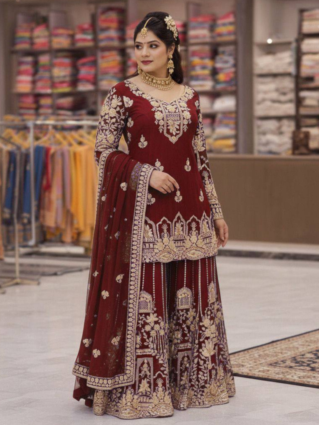 RE Zari & Sequin Work Georgette Kurti Set with 2.5m Flare Palazzo (M-3XL)