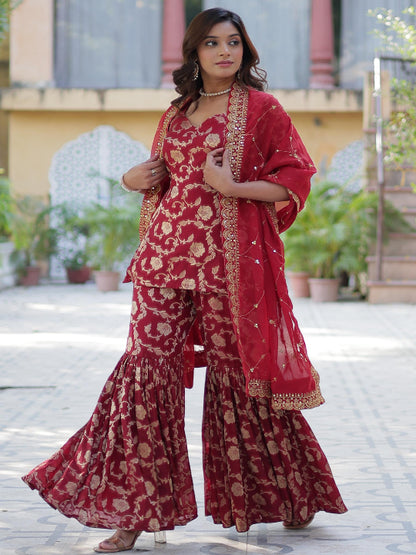 ES Georgette Jacquard Top, Gharara, and Dupatta with Sequins Embroidery and Lace Border