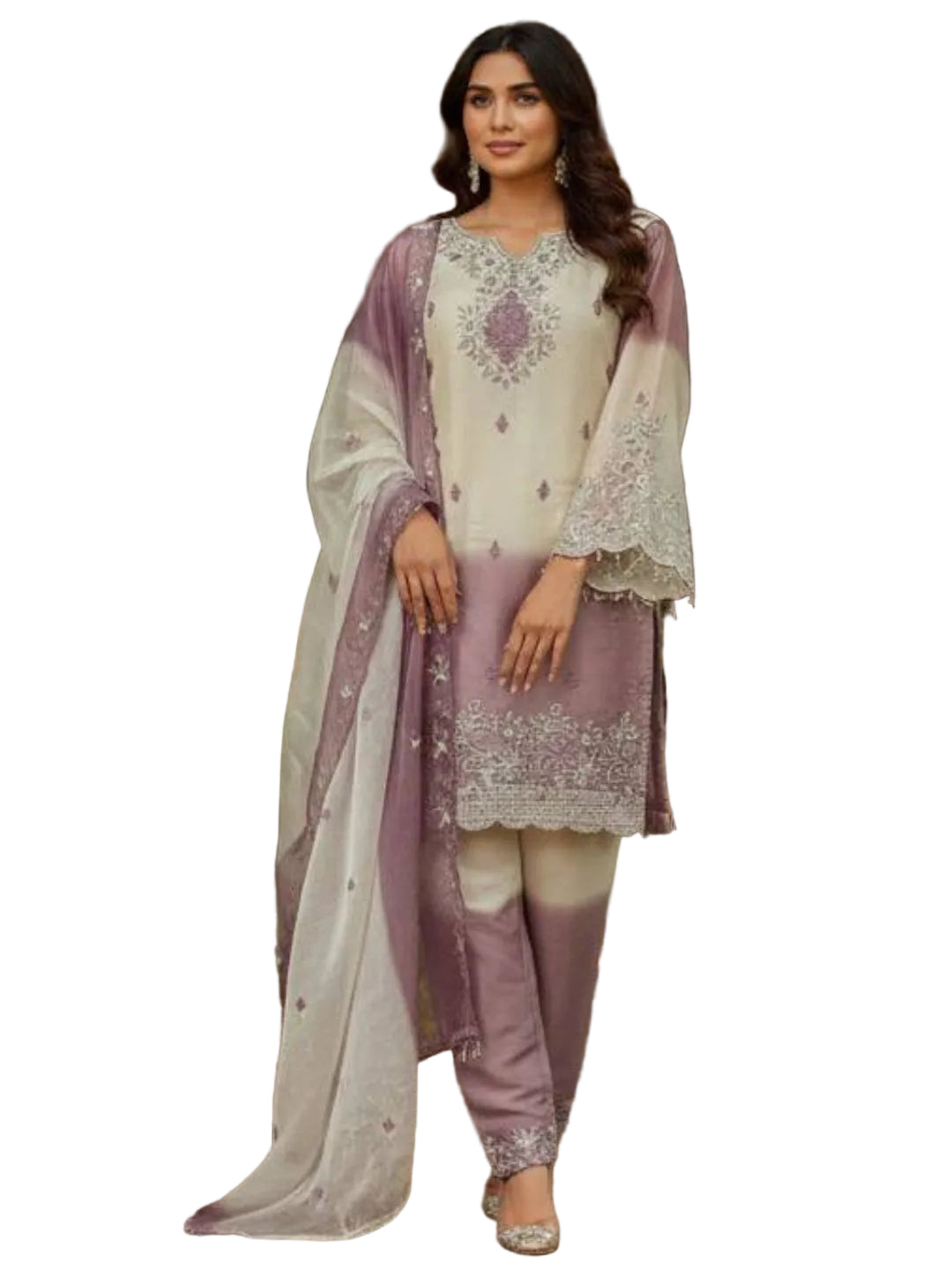 RE Pakistani Pure GMY Silk Digital Printed Suit Set with Embroidery & Cut-Work Sleeves (Sizes M-XXL)