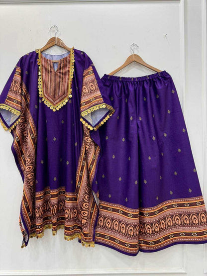 YNF Elegant Kaftan Dress Set (Navy/Yellow) | Viscose Velvet Fabric