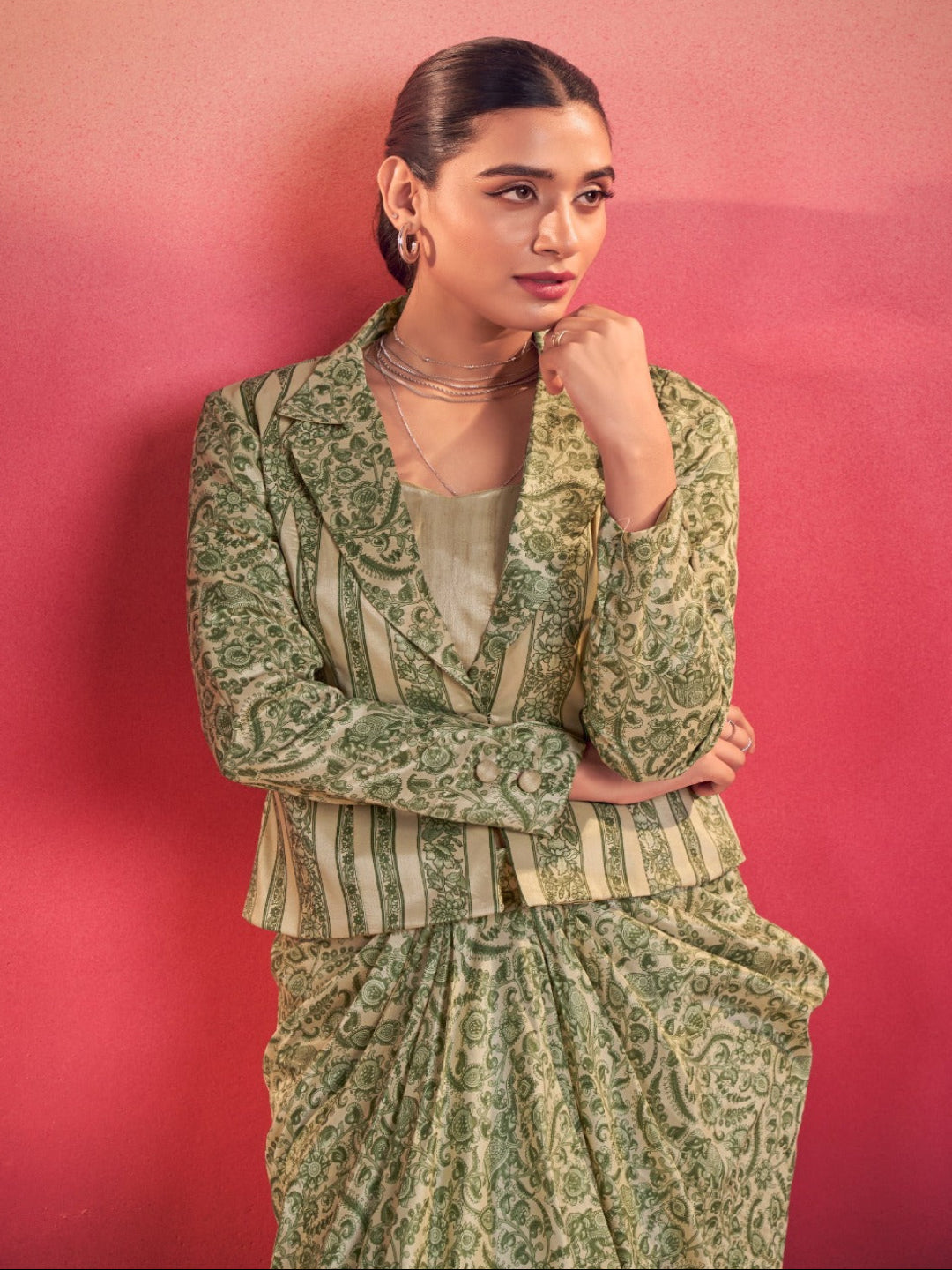 Women's Tasar Silk Printed 3-Piece Indo Western - Stitched Blouse, Top & Trousers- RE