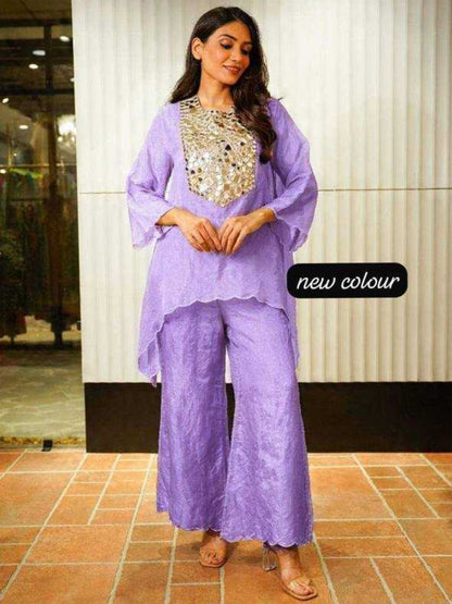 RE Designer Tebby Silk Co-ord Set with Mirror Work & Semi-Bell Sleeves