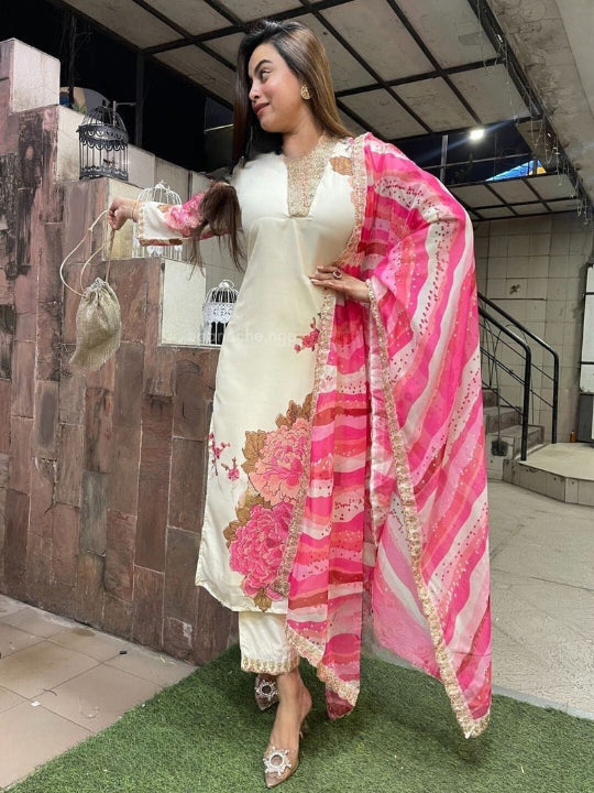 ICF Women Teby Silk  Floral Print Kurta with Pant & Dupatta