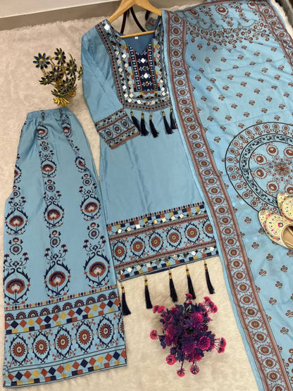 RE Maslin Silk Digital Printed Suit Set with Real Mirror Work and Palazzo (Sizes M-XXL)