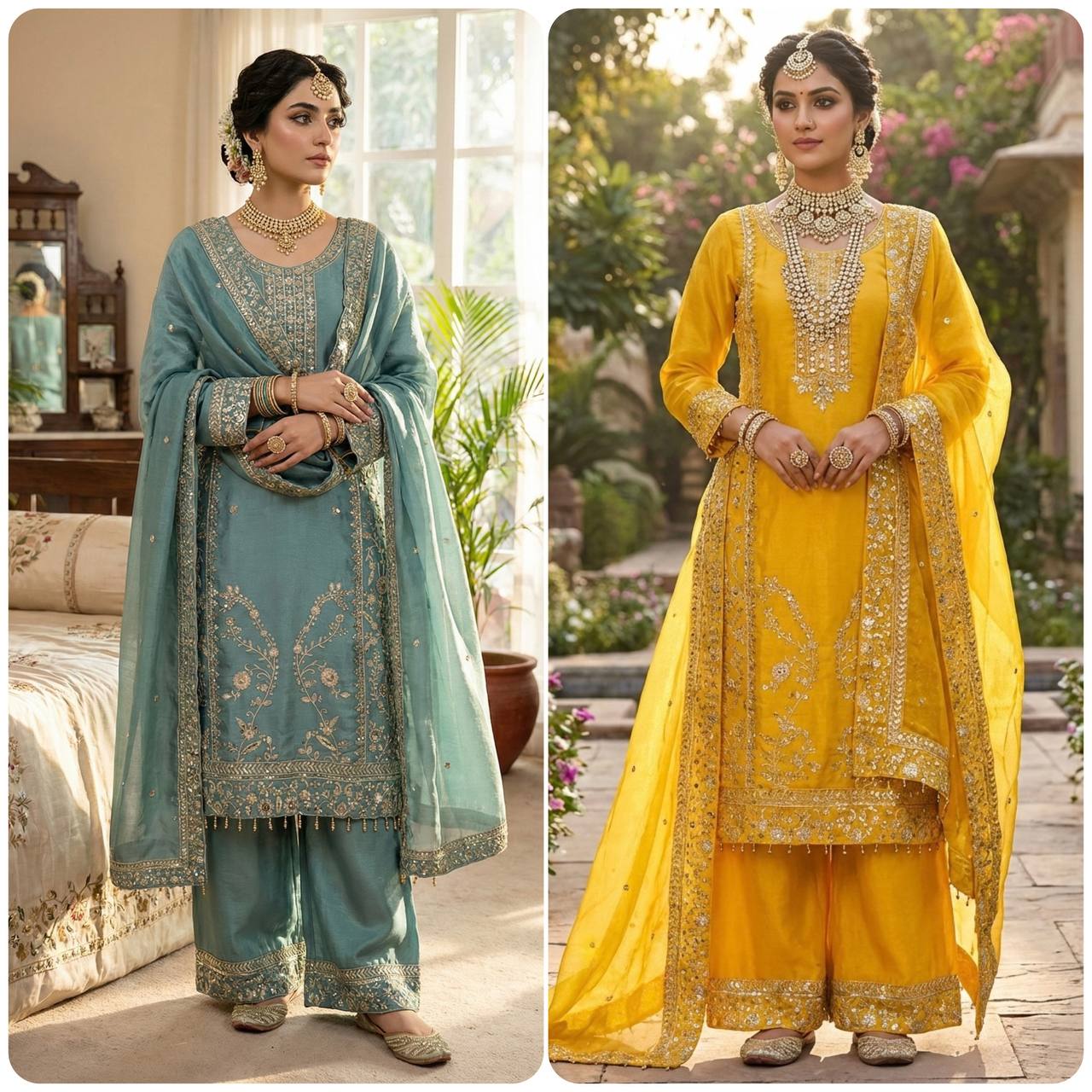 RE Pure GMY Silk Embroidered Suit Set with Sequence Work Palazzo and Dupatta (Sizes M-XXL)