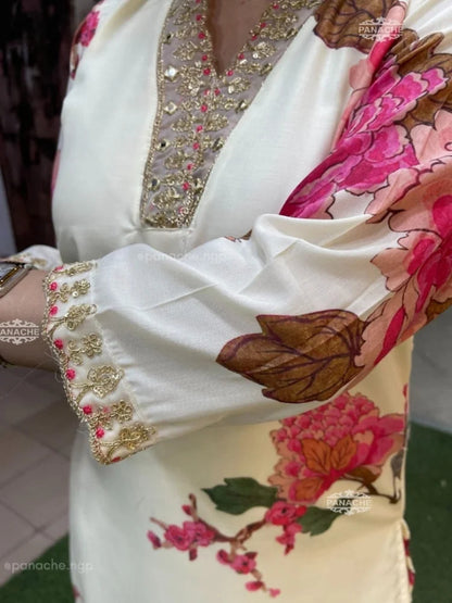 ICF Women Teby Silk  Floral Print Kurta with Pant & Dupatta