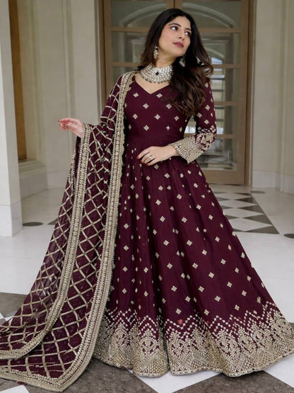 RE Heavy Fox Georgette Sequence Embroidery Gown Set with Butter Silk Pants & Zalar Dupatta