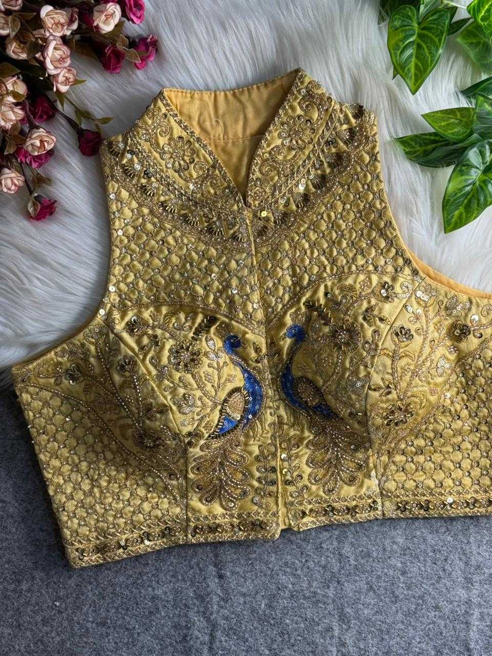 YNF Ready-to-Wear Padded Blouse Italian Silk Halter Neck with Heavy Hand Embroidery