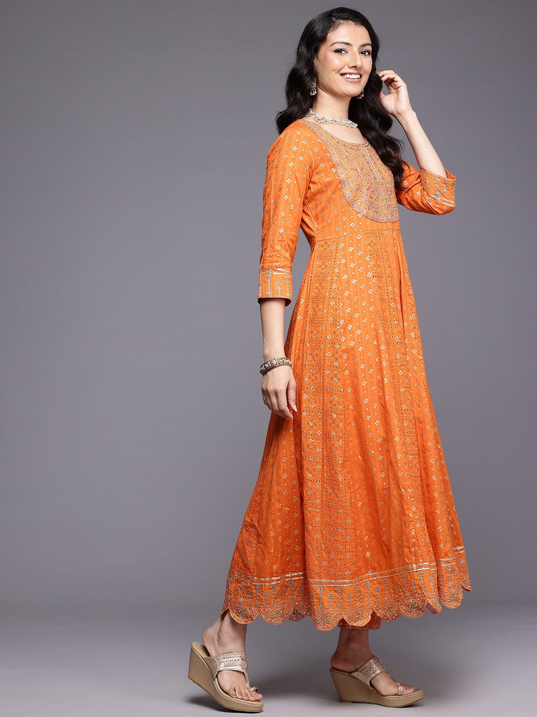 KF Mirror and Thread Embroidered, Zari Embellished Anarkali Kurta With Printed Bottom and Embroidered Dupatta