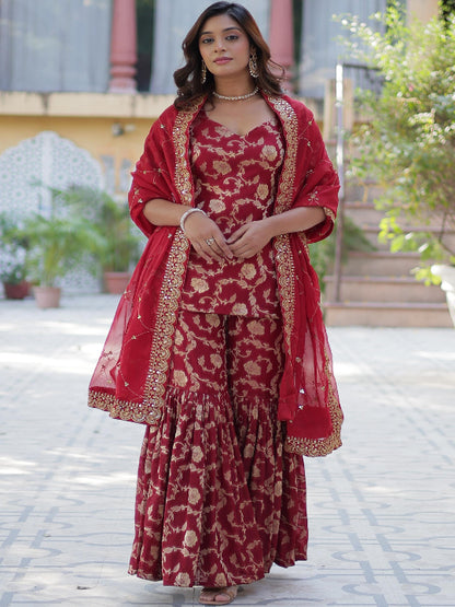 ES Georgette Jacquard Top, Gharara, and Dupatta with Sequins Embroidery and Lace Border