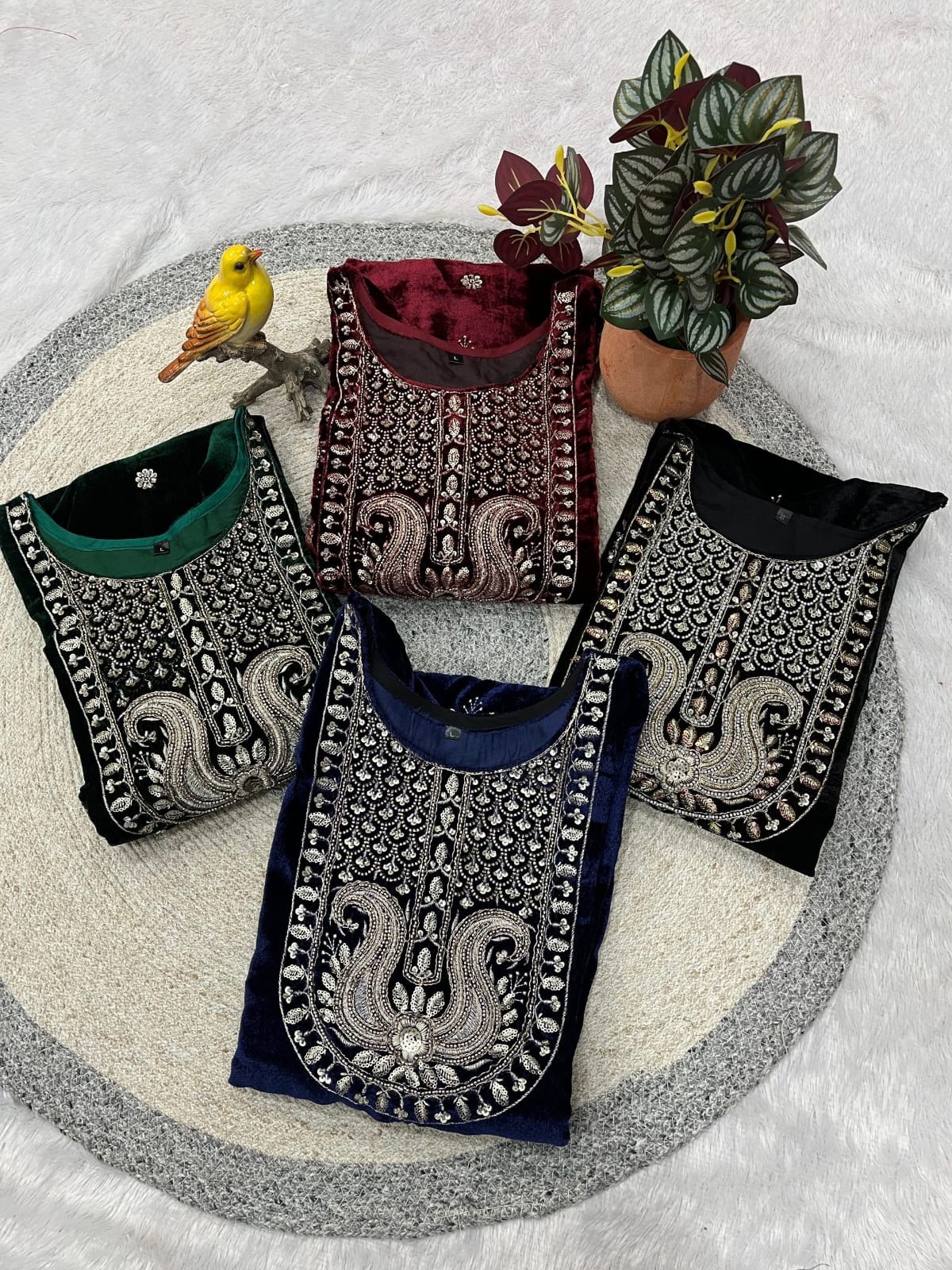 RE Designer 9000 Velvet Embroidered Suit Set with Sequin Work & Pearl Lace Dupatta (M-XXL)