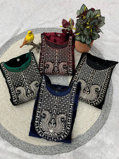 RE Designer 9000 Velvet Embroidered Suit Set with Sequin Work & Pearl Lace Dupatta (M-XXL)