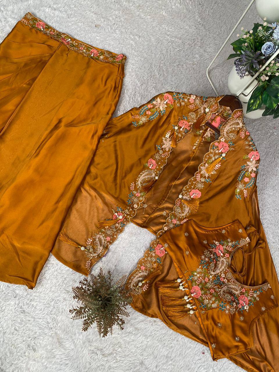 RE Premium Rangoli Silk 3-Piece Indo-Western Set | Sequence Embroidery Blouse, Dhoti & Shrug