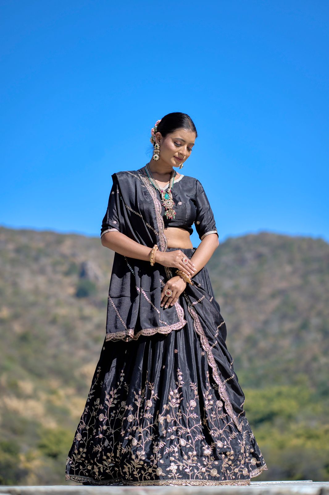 ES Heavy Chinon Silk Lehenga, Blouse & Dupatta with exquisite embroidery and zari work,