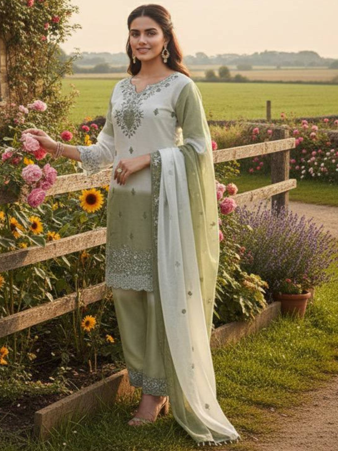 RE Pakistani Pure GMY Silk Digital Printed Suit Set with Embroidery & Cut-Work Sleeves (Sizes M-XXL)