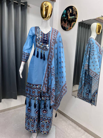 RE Maslin Silk Digital Printed Suit Set with Real Mirror Work and Palazzo (Sizes M-XXL)