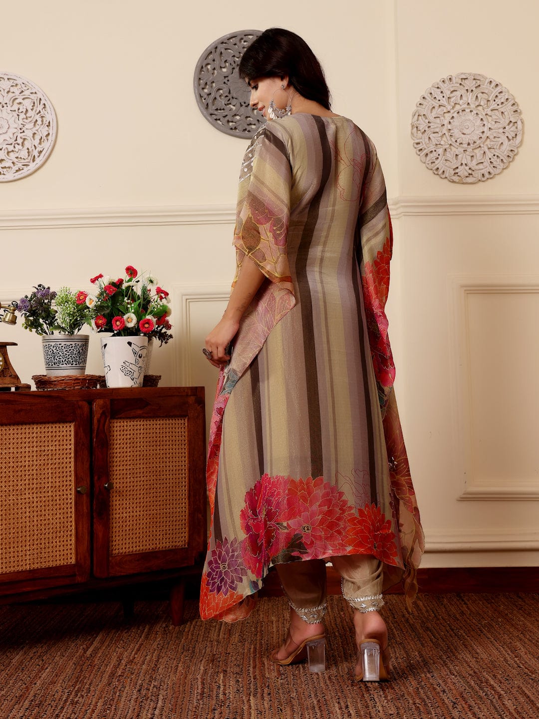 KF Colored Pure Silk Gotta And Mirror Embellished Kaftan With Tulip Pants