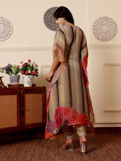 KF Colored Pure Silk Gotta And Mirror Embellished Kaftan With Tulip Pants