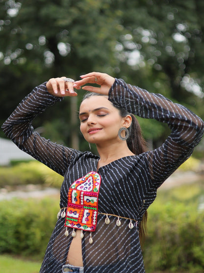 ES front open long kurti with Leheriya print and kutchi patchwork