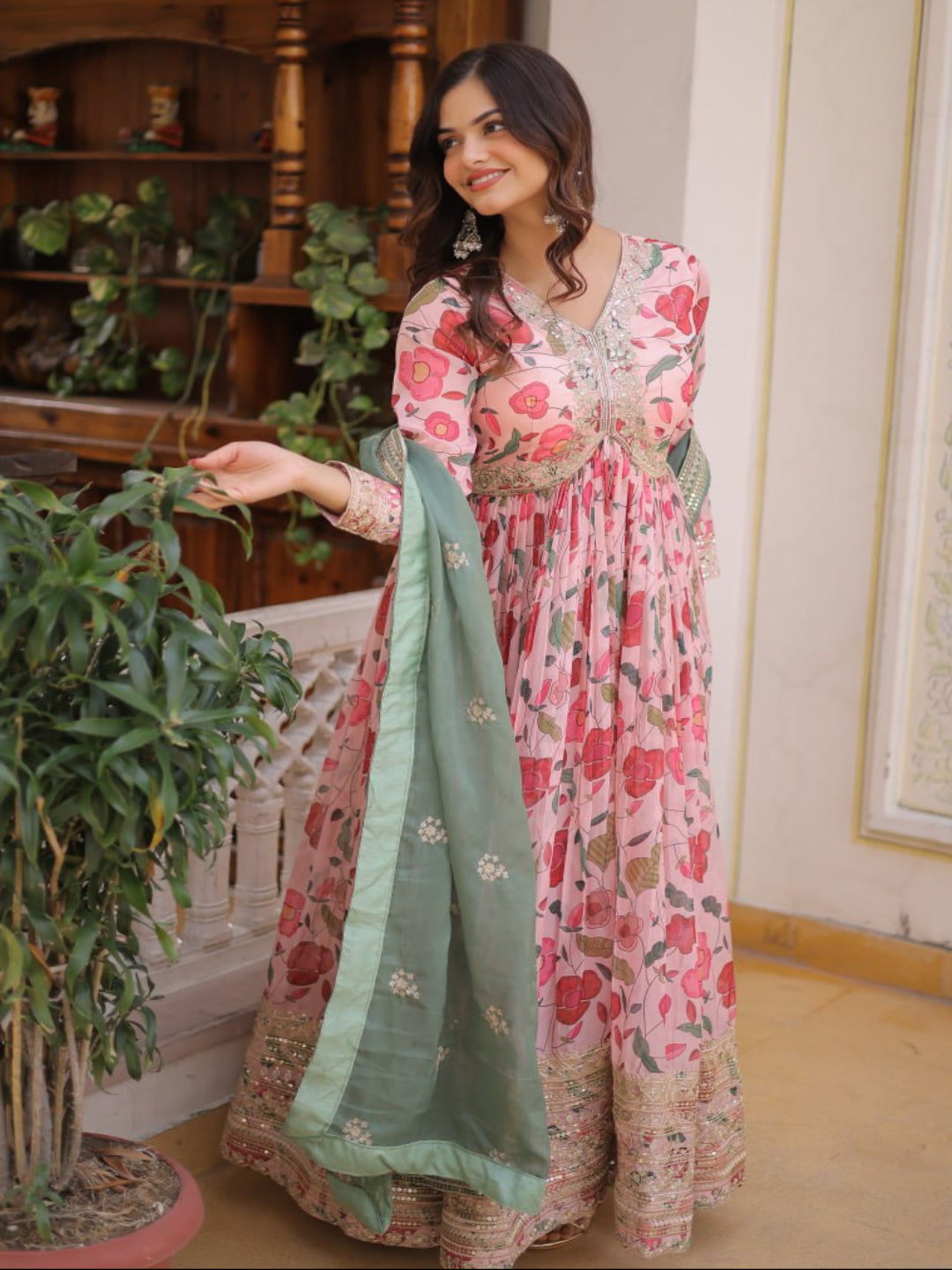 RE Designer Alia Cut Russian Silk Gown with Digital Print & Sequins Work