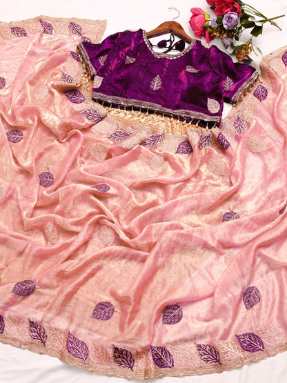 ES Luxurious Embroidered Saree with Ready-to-Wear Contrast Blouse