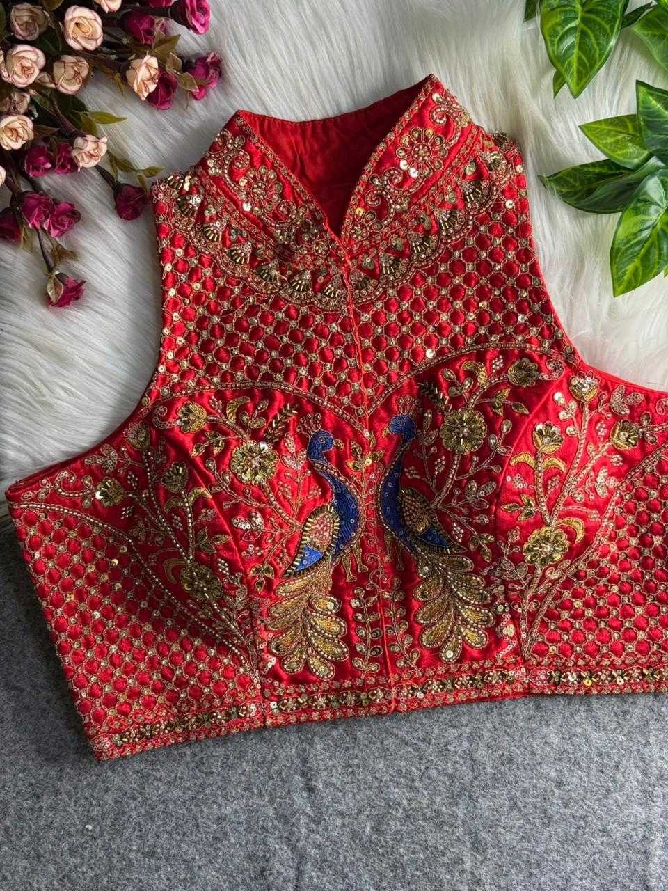 YNF Ready-to-Wear Padded Blouse Italian Silk Halter Neck with Heavy Hand Embroidery