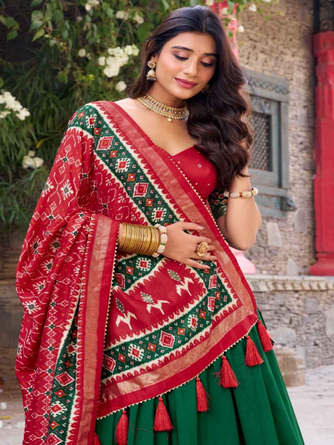 ES Tussar Silk (Stitched) Lehenga, Blouse & Dupatta