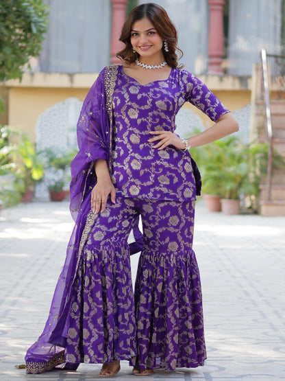 ES Georgette Jacquard Top, Gharara, and Dupatta with Sequins Embroidery and Lace Border