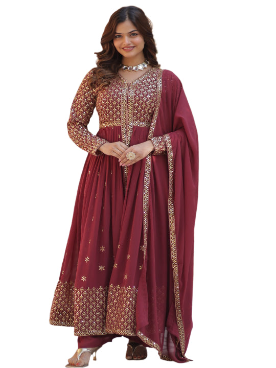 ES Faux Georgette with Embroidered Work Readymade Kurti with Pant & Dupatta Set