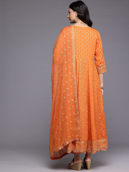 KF Mirror and Thread Embroidered, Zari Embellished Anarkali Kurta With Printed Bottom and Embroidered Dupatta