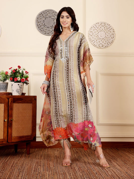 KF Colored Pure Silk Gotta And Mirror Embellished Kaftan With Tulip Pants
