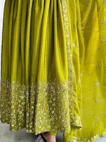 ES Pure Chinon Silk with Heavy Embroidery, Sequin Work, and Sleeves Fully Stitched