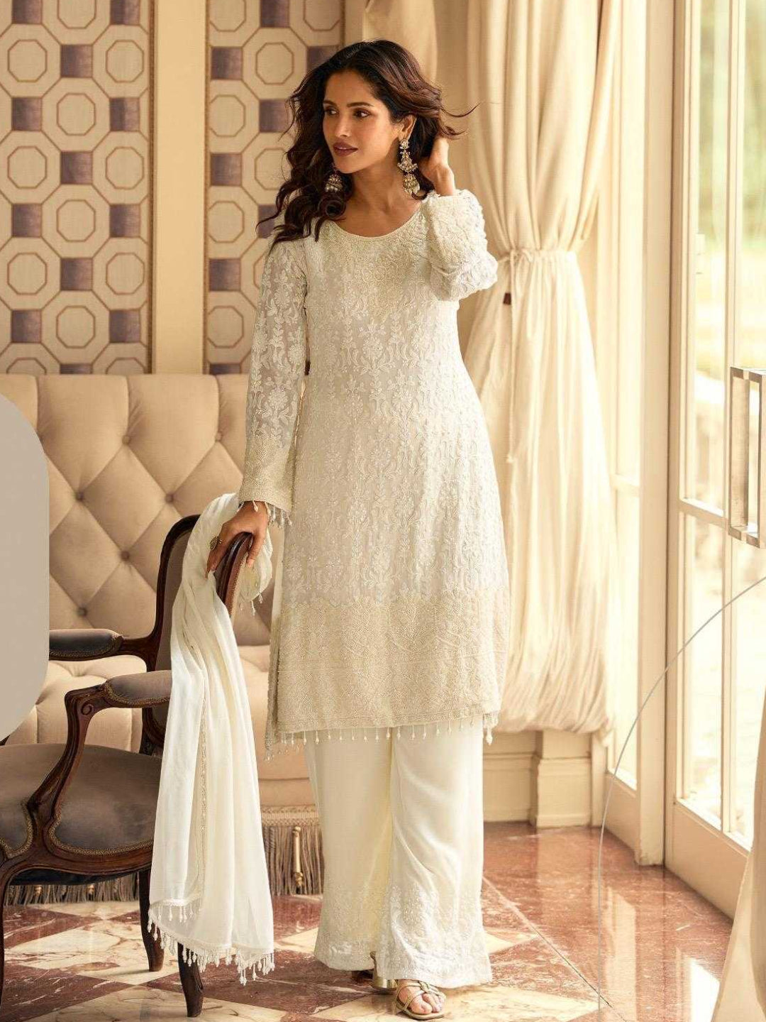 RE Premium Real Georgette Embroidered Suit Set with Sequin & Bead Work - Fully Stitched