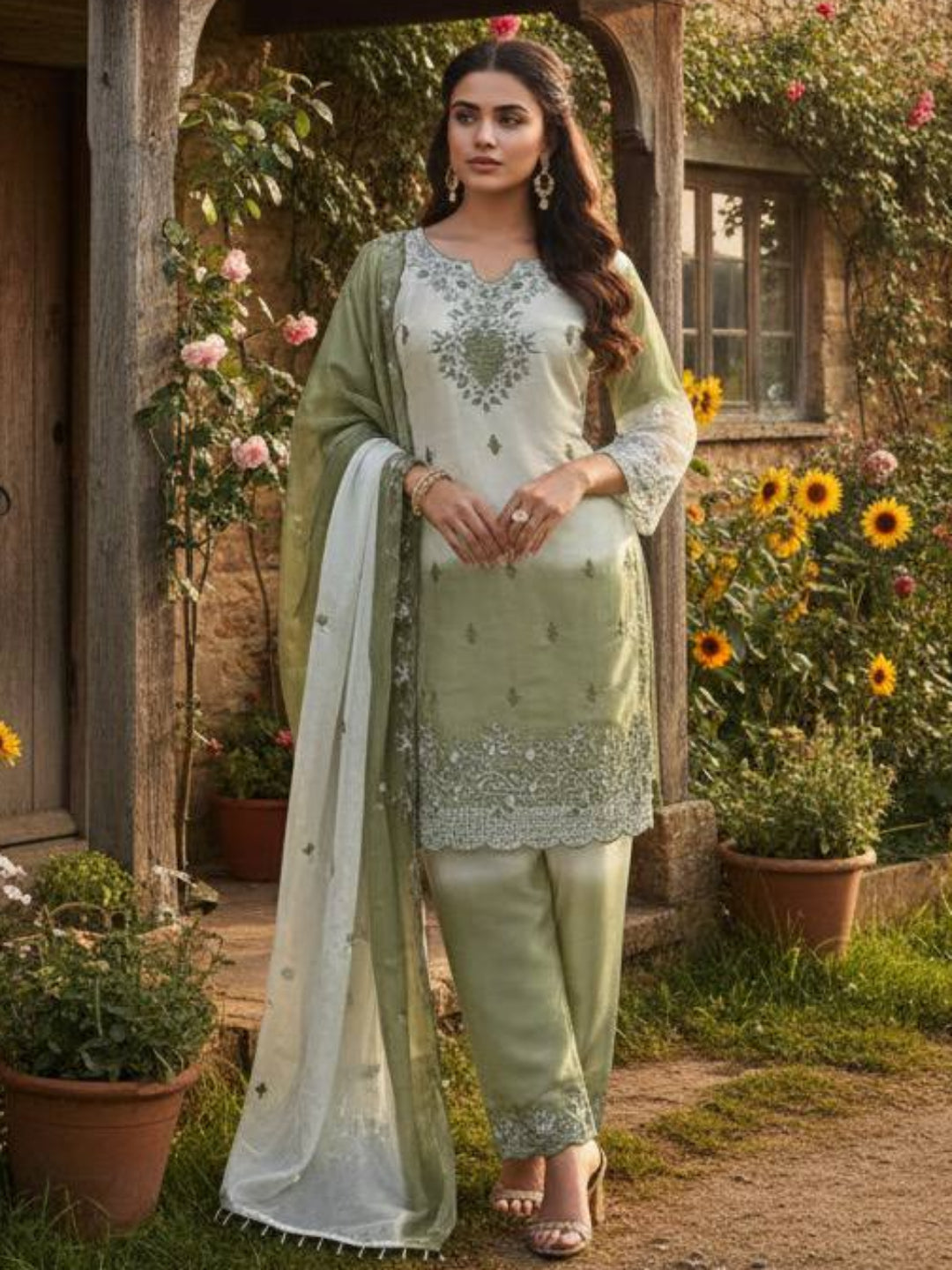 RE Pakistani Pure GMY Silk Digital Printed Suit Set with Embroidery & Cut-Work Sleeves (Sizes M-XXL)