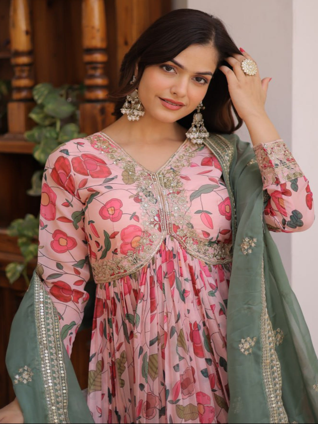 RE Designer Alia Cut Russian Silk Gown with Digital Print & Sequins Work